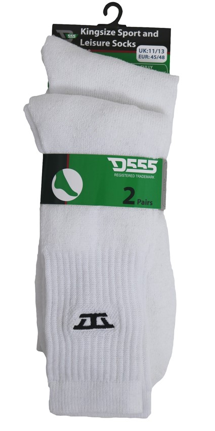 D555 Kingsize Logan Cotton-Elastane White Sport Socks 2 pack